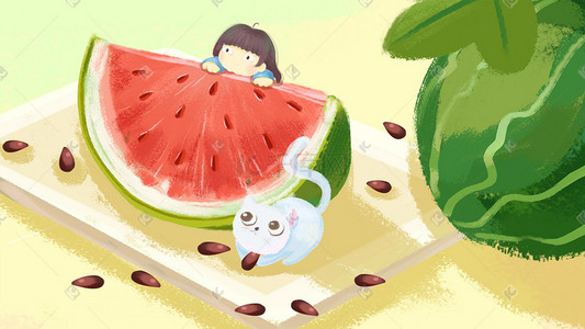 新鲜字体插画图片_创意 扁平 新鲜水果  小人与西瓜