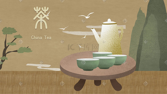 茶文化国风古典插画