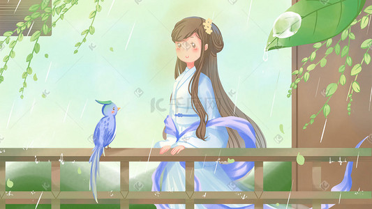唯美卡通少女与鸟在雨中春季雨水绿色插画