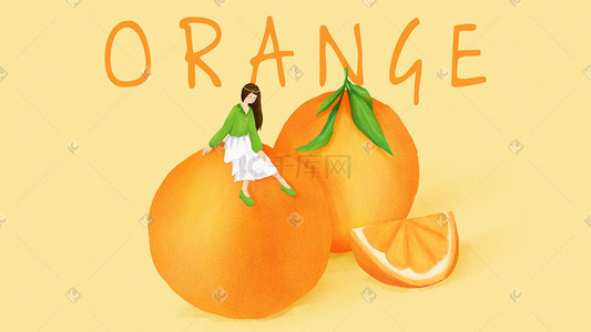 春姑娘坐在橙子上赏景简约风格海报