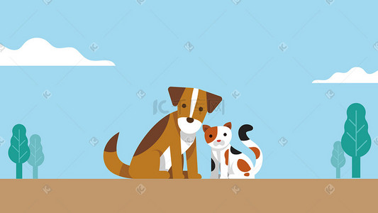 小猫小狗插画图片_动物之公园里的小狗与小猫