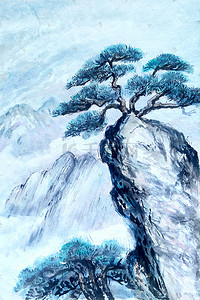 中式墙纸插画图片_中国风水墨山水画迎客松手绘