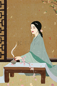 中国元素中国风插画图片_国潮中国风服饰之汉服古装女子抚香小憩