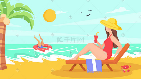 度假沙滩插画图片_夏天游泳度假沙滩美女夏日横幅公众号配图