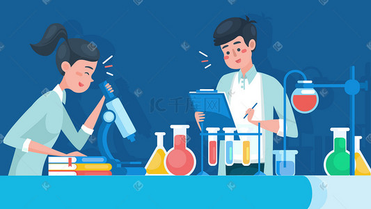 蓝色尖帽子插画图片_蓝色化学实验室科研团队医疗横幅公众号配图科普