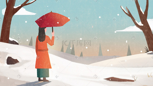 冬日大雪插画图片_冬日大雪打伞的女孩