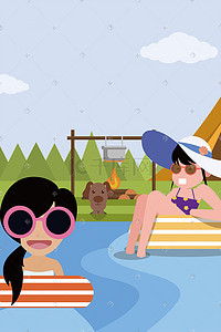 暑期活动插画图片_扁平风格野外河边游泳处暑二十四节气插画