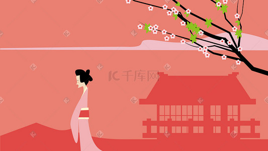 日本文化插画图片_和服女人风景插画