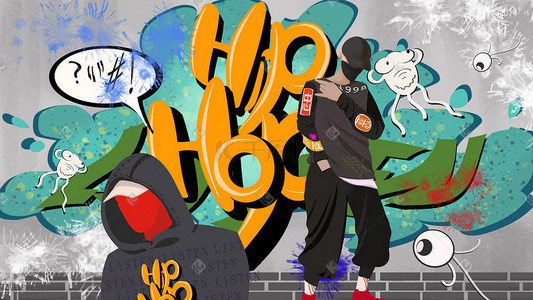 嘻哈插画图片_街头嘻哈两人在涂鸦墙前说唱
