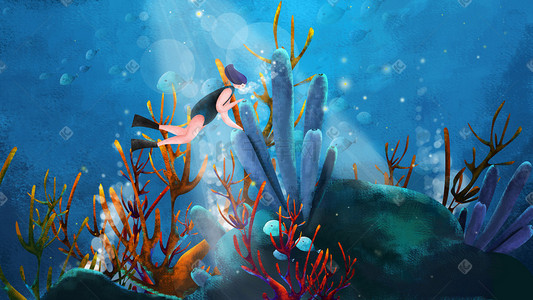 海草插画图片_海洋主题插画珊瑚与潜水者