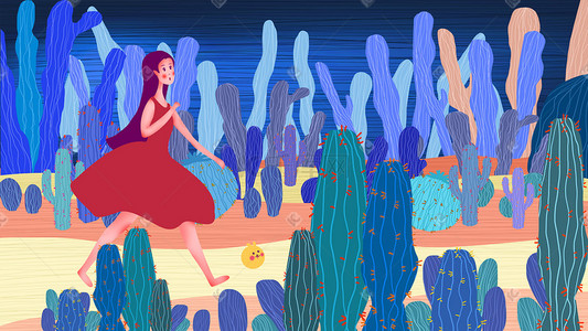 广告设计包装插画图片_探险少女的沙漠仙人掌之旅