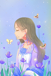 少女与花插画图片_春天蓝色唯美清新卡通少女与花花卉与春季配图