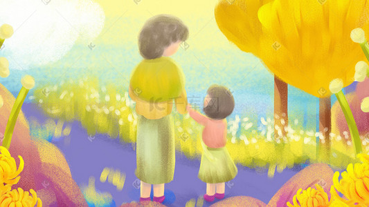 温馨梦幻小女孩陪奶奶看风景插画