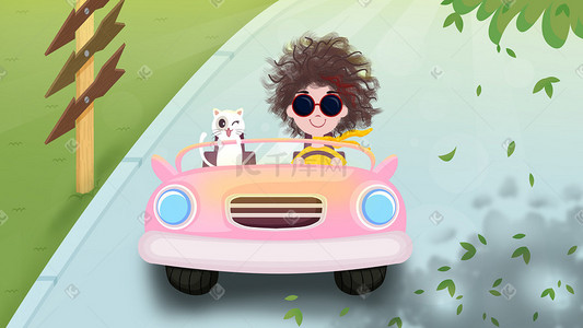 假期出游女孩猫咪开车自驾游手绘插画psd