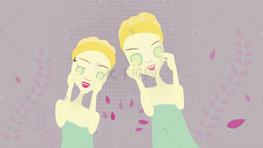 美容的插画图片_贴黄瓜片的两个女孩矢量插画