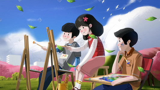 美术插画图片_三个孩子在户外学画画