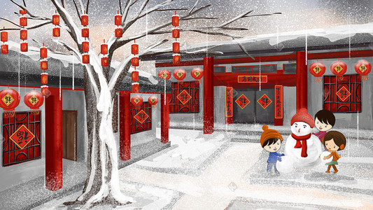 春节背景插画图片_春节雪景场景插画