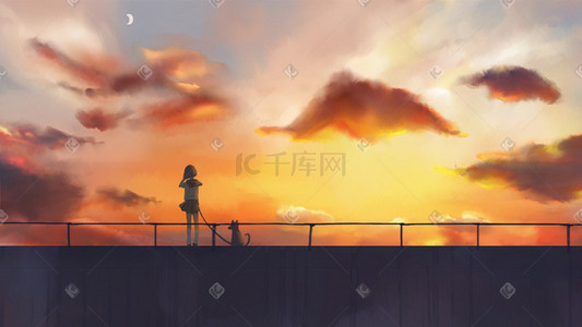 与少女插画图片_夕阳天空主题插画——与晚霞散步