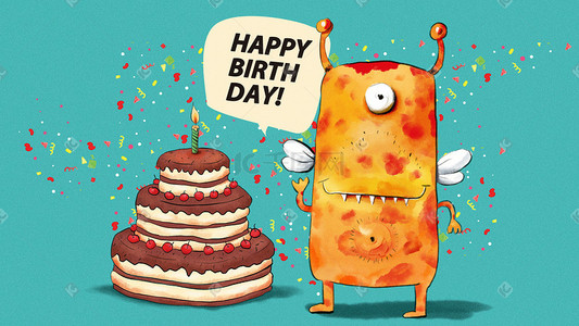 生日插画图片_Q版卡通小怪兽生日分享蛋糕海报