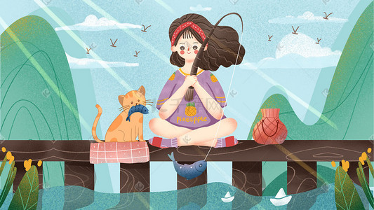猫可爱卡通插画图片_夏天卡通可爱立夏女孩和猫在河边钓鱼配图