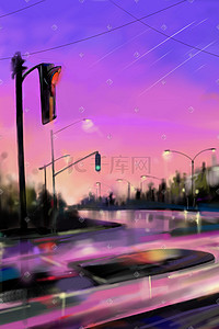 紫紫插画图片_天空城市黄昏清晨红橙黄紫清新艳丽灯光插画