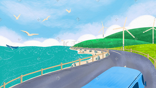 手绘海洋蓝色插画图片_手绘蓝色海岸线公路