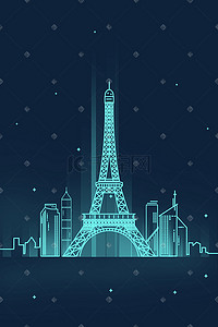 休闲扁平插画图片_扁平线条法国巴黎埃菲尔铁塔城市夜景