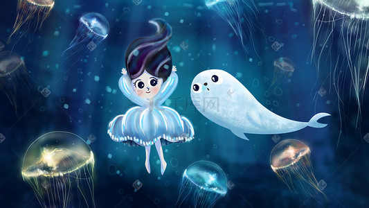 水生物插画图片_夏季海洋大海女孩海豹水母手绘插画psd