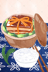 手托米饭插画图片_美味中式红烧肉米饭