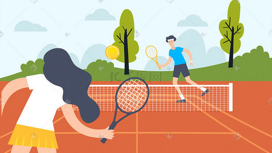 全民健身插画图片_全民健身打网球双人打球