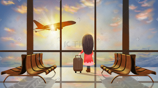 春节插画图片_春运春节回家机场飞机女孩手绘插画