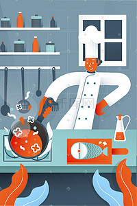 食品买二送一插画图片_卡通厨师厨艺食品健康饮食美式风格插画