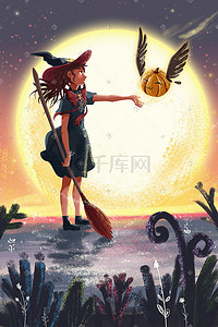 南瓜头小恶魔插画图片_卡通万圣节夕阳月下女巫迎接南瓜精灵插画