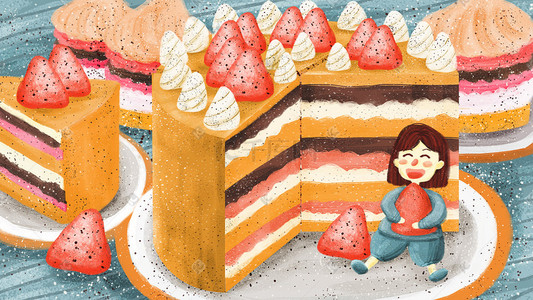 青色甜品插画图片_吃货女孩与甜品蛋糕