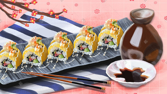 帆布条纹腰带插画图片_日本美食寿司与酒