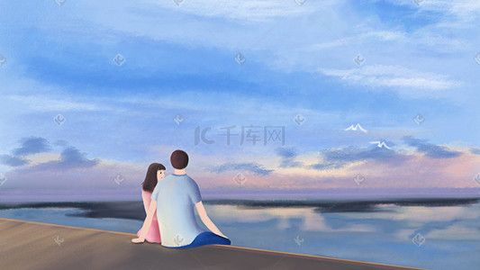 海边情侣插画图片_情侣海边看夕阳清新文艺手绘插画