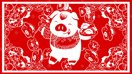猪年新春剪纸手绘插画