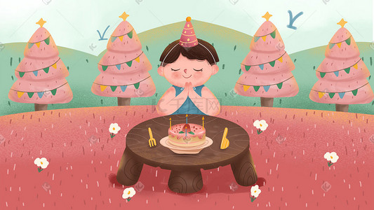 生日快乐插画图片_粉色系卡通可爱生日快乐男孩许愿配图