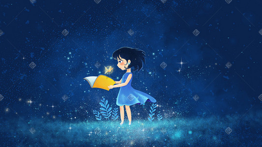 夜光星星插画图片_唯美星空发光纸鹤与少女插画