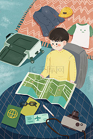 旅行男孩旅游攻略地图行李箱卡通插画