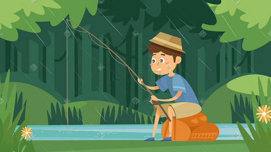 雨水钓鱼下雨男孩森林灌木丛户外横幅配图