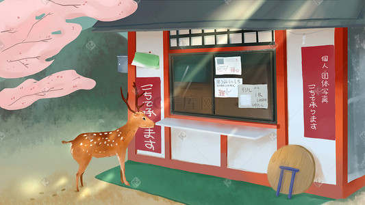 和风樱花插画图片_日本建筑小鹿和风插画