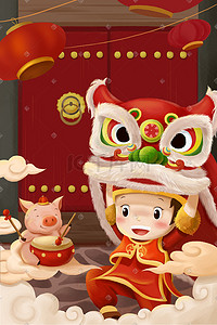 猪年吉祥插画图片_新年到猪年吉祥嬉戏喜庆热闹场景