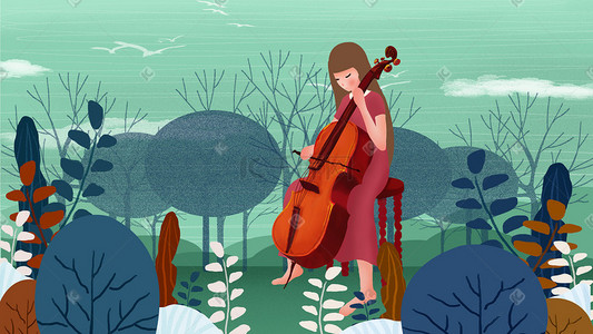 开心的手绘女孩插画图片_丛林演奏大提琴的少女插画