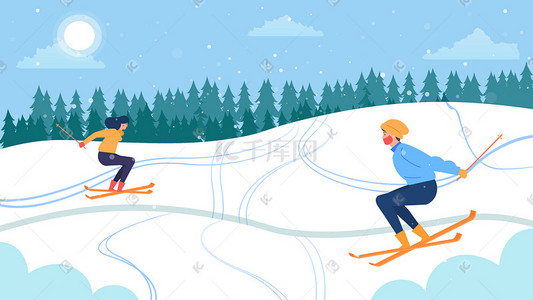 冬日大雪插画图片_卡通清新大雪冬日滑雪雪景插画