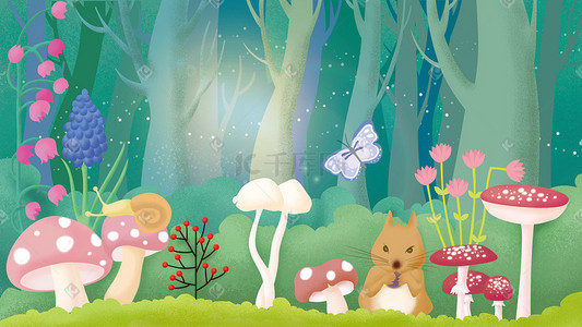 树林的插画图片_手绘森林里的小蘑菇