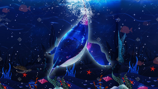 深海泡泡插画图片_手绘插画浪漫鲸鱼海底背景