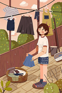 桌上的衣服插画图片_51劳动节少女劳动洗衣服卡通扁平插画