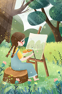 女孩在沙发上睡觉插画图片_小清新春天节气女孩森林作画