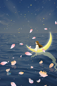 落水的姑娘插画图片_仲夏夜-月亮上的姑娘